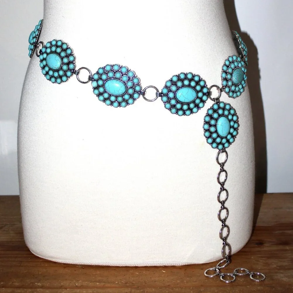 Western Turquoise Flower Concho Floral Oval Burst Medallion Belt L/XL by Tipi - Picture 5 of 8